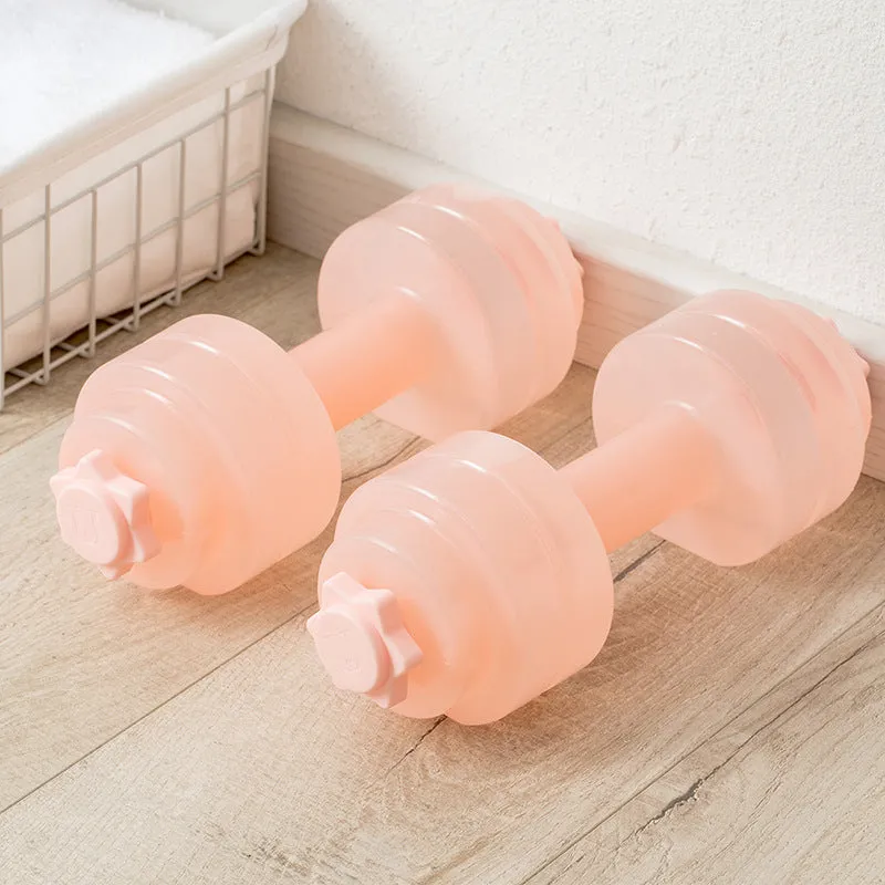 Mini portable plastic water dumbbell in transparent pink with water fill, PE construction, 262x97x94cm size for home strength training.