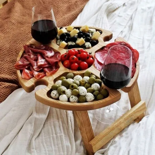 Portable wood folding table 30x16 cm in wood colour for outdoor snacks and wine glass