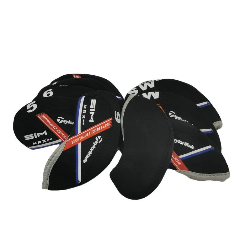 Set of 10 golf iron sleeves in diving material, available in yellow, SIM, and Carla W colours