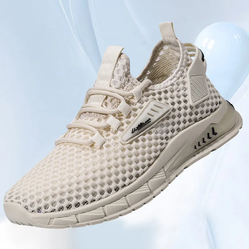 Men's beige casual sneaker with mesh lining, synthetic leather upper, and flat EVA sole on a plain background.