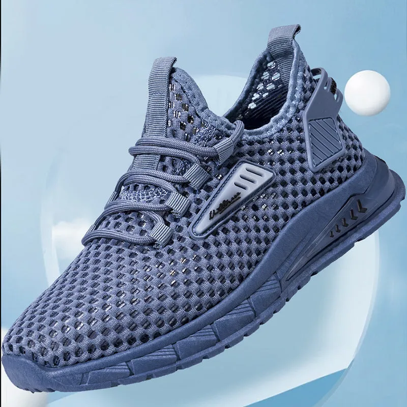 Men's beige casual sneaker with mesh lining, synthetic leather upper, and flat EVA sole on a plain background.