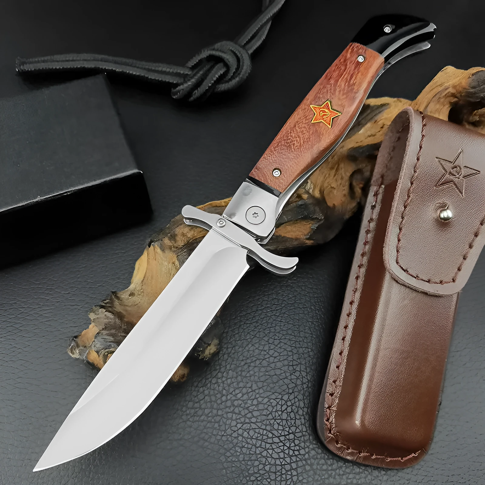 Multi-function folding knife with 440C blade and sandal wood handle, total length 25.2 cm, Patriot Second Generation