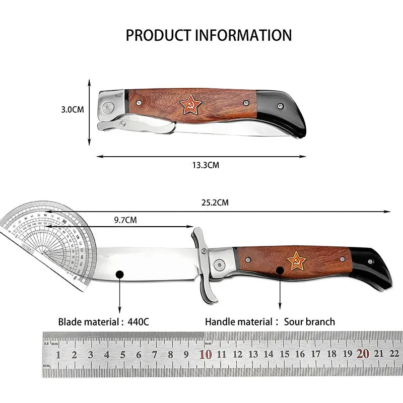 Multi-function folding knife with 440C blade and sandal wood handle, total length 25.2 cm, Patriot Second Generation