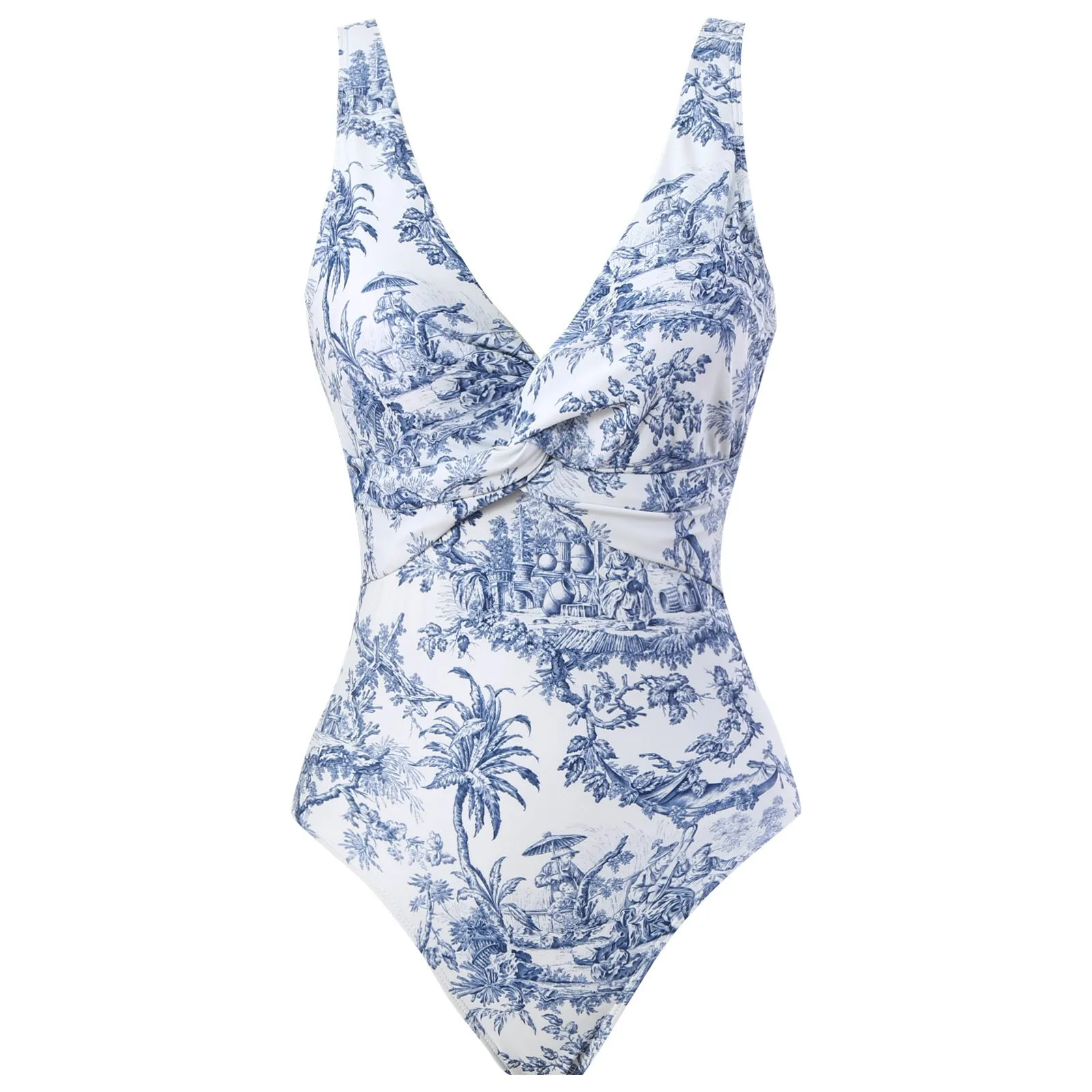 Women's conservative vintage print one-piece swimsuit with short sleeves in polyester fabric