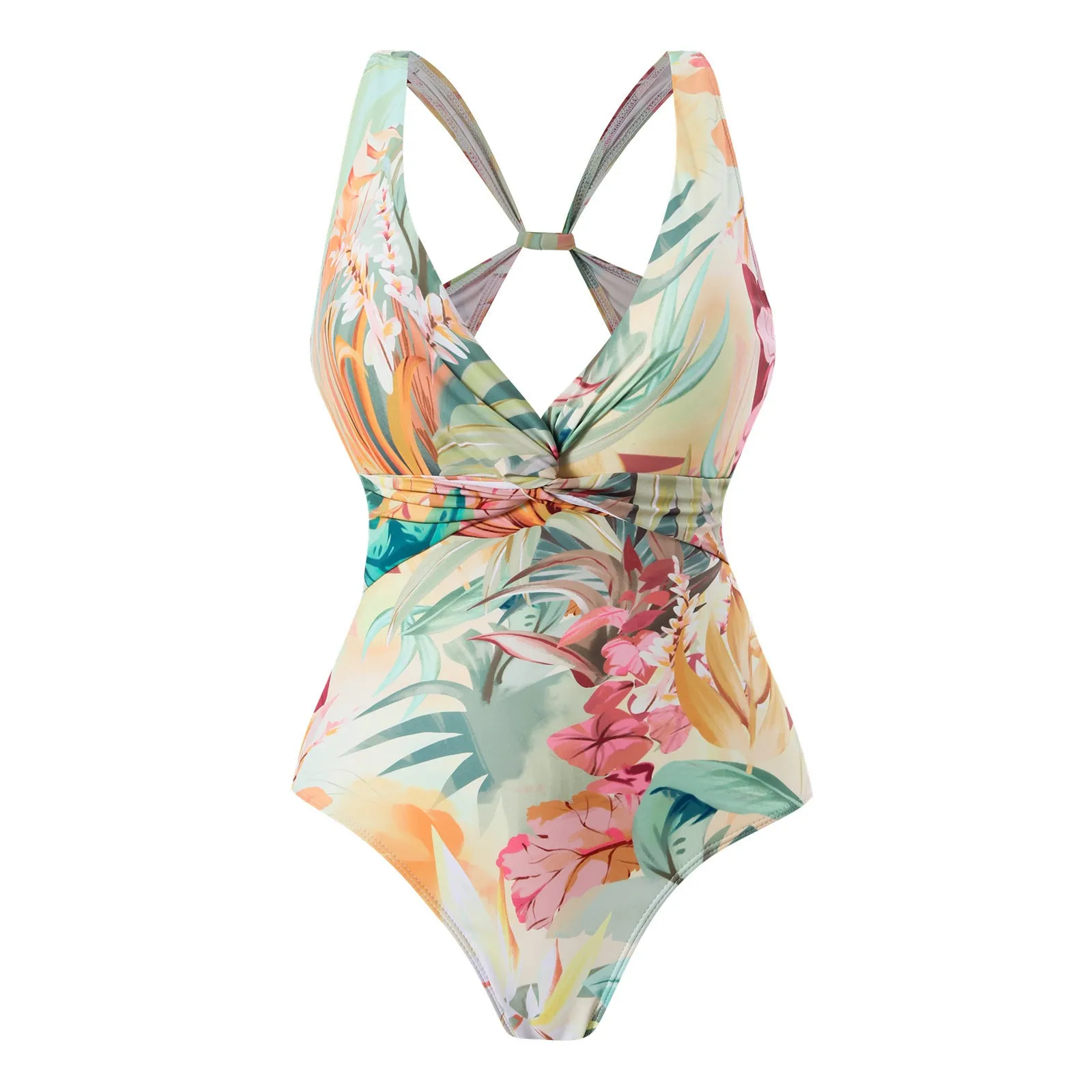 Women's conservative vintage print one-piece swimsuit with short sleeves in polyester fabric