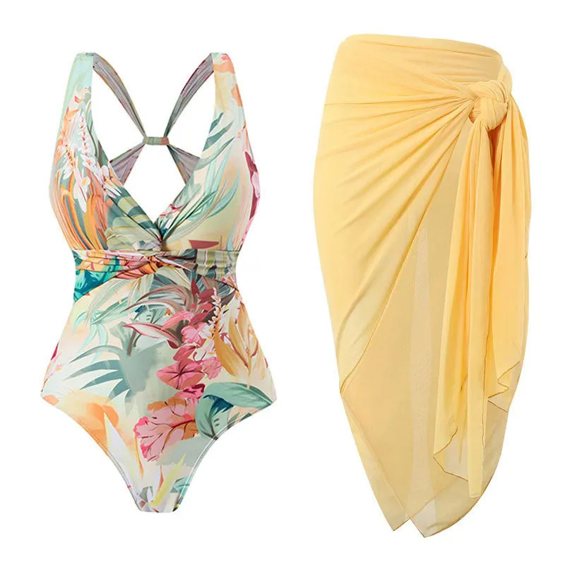 Women's conservative vintage print one-piece swimsuit with short sleeves in polyester fabric
