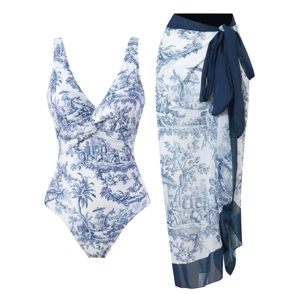 Women's conservative vintage print one-piece swimsuit with short sleeves in polyester fabric
