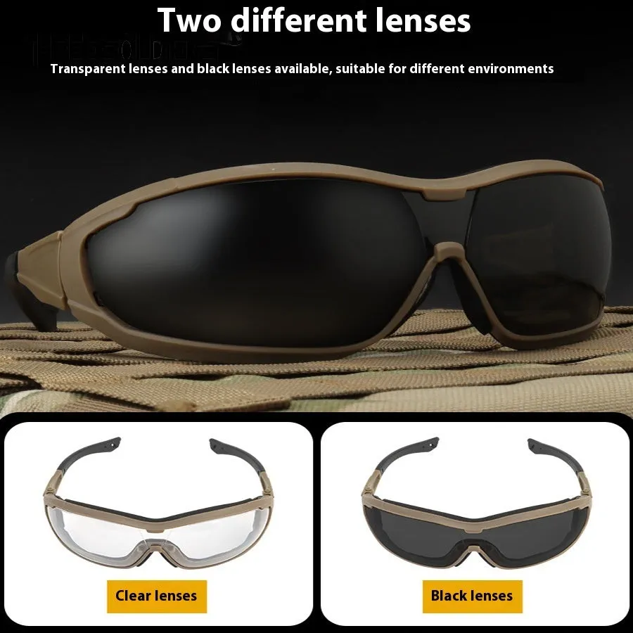 Outdoor fishing goggles with transparent lens and full rim plastic frame in black colour