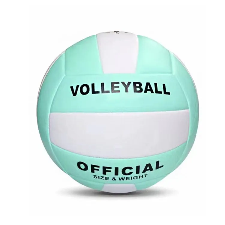 Macaron volleyball in green colour, No. 5 size, PVC material, on a beach background for training.