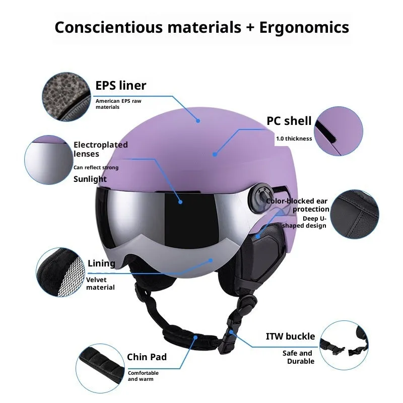 Unisex skiing helmet cover with integrated molding, PC shell, EPS liner, solid colour, black, blue, white, purple, carbon fibre, lotus root starch