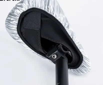 Silver outdoor cycling bike saddle rain cover made from 100% polyester on a bicycle