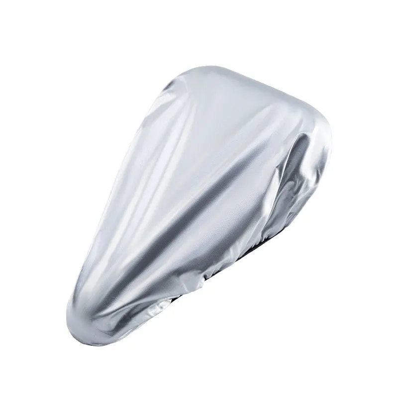 Silver outdoor cycling bike saddle rain cover made from 100% polyester on a bicycle