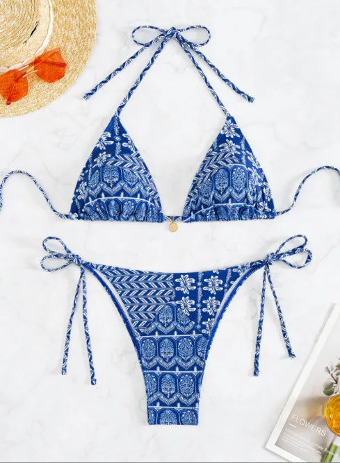 Women's split bikini bandage swimsuit in polyester fabric with printing stitching details