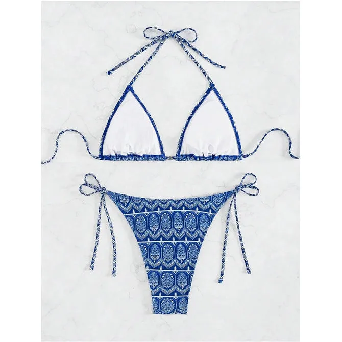 Women's split bikini bandage swimsuit in polyester fabric with printing stitching details