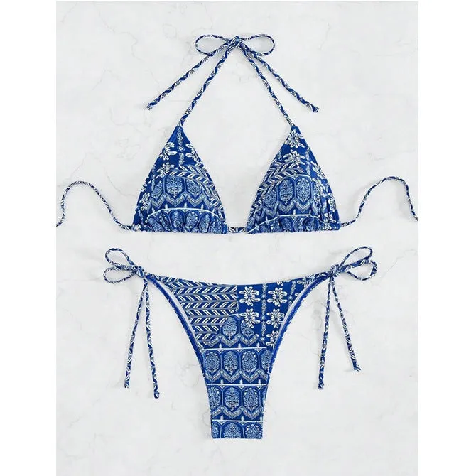 Women's split bikini bandage swimsuit in polyester fabric with printing stitching details