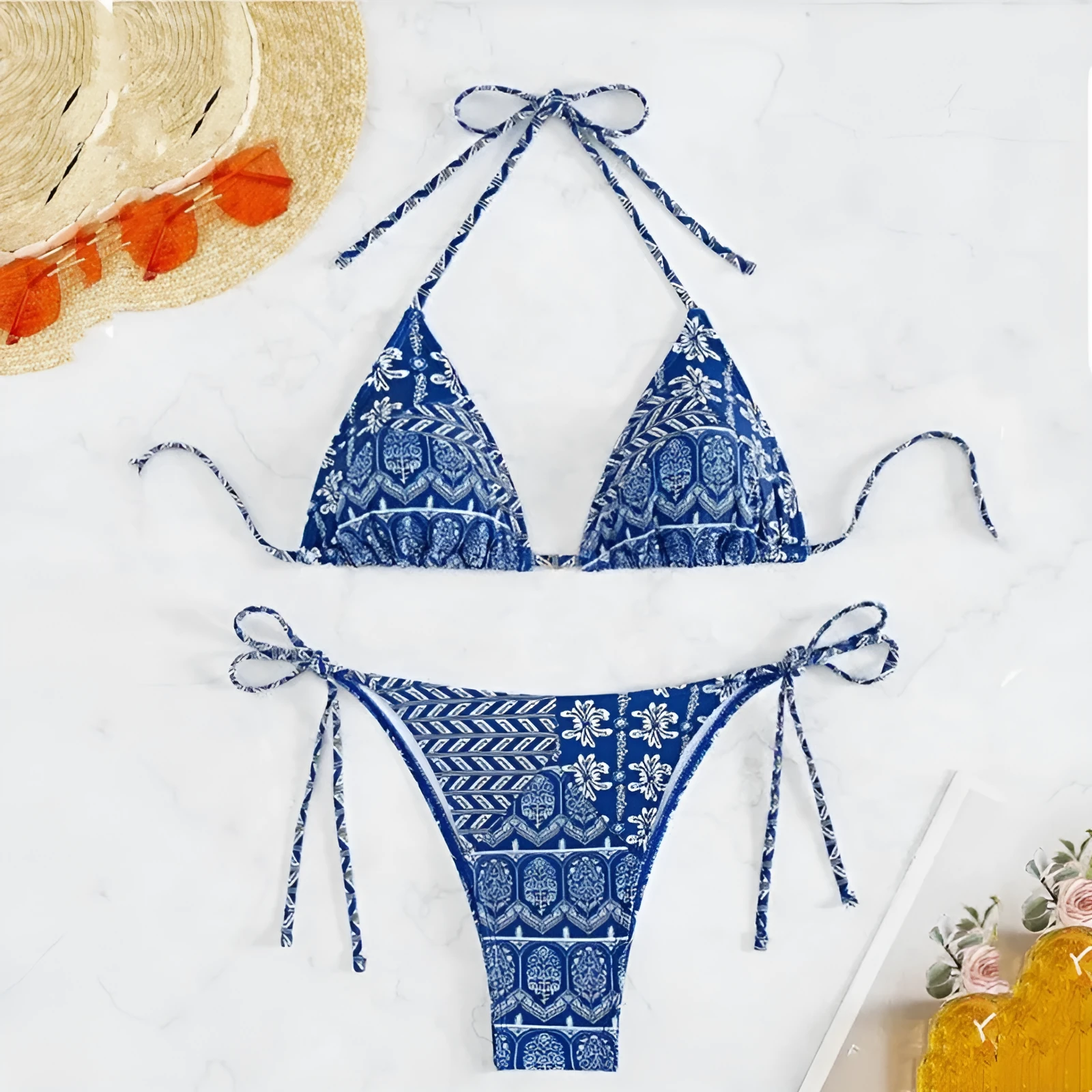 Women's split bikini bandage swimsuit in polyester fabric with printing stitching details