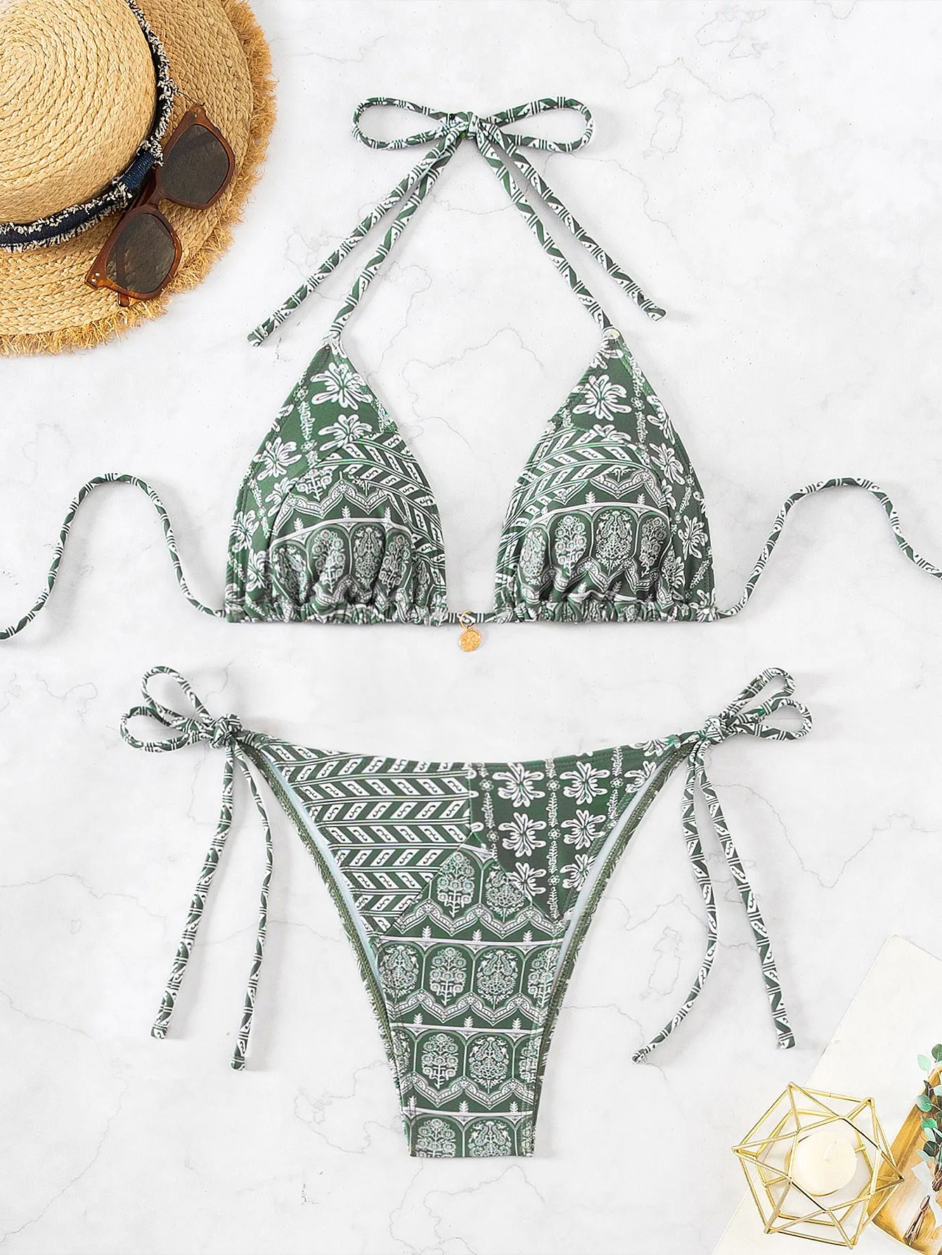 Women's split bikini bandage swimsuit in polyester fabric with printing stitching details