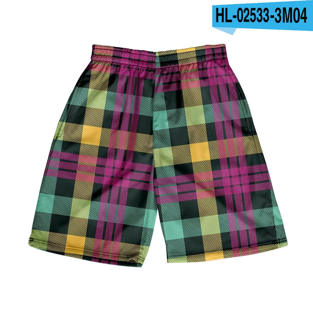 Men's straight-leg plaid shorts in polyester fabric with elastic waistband available in multiple solid colours