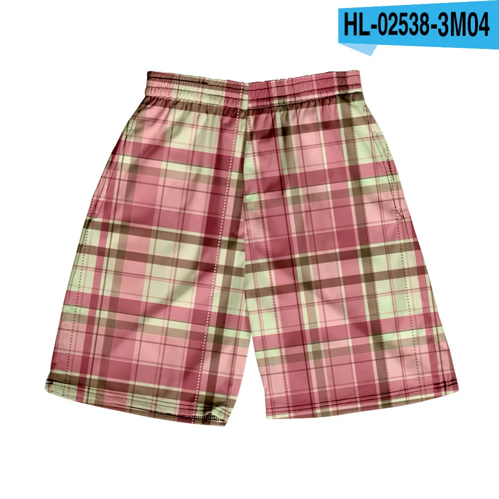 Men's straight-leg plaid shorts in polyester fabric with elastic waistband available in multiple solid colours
