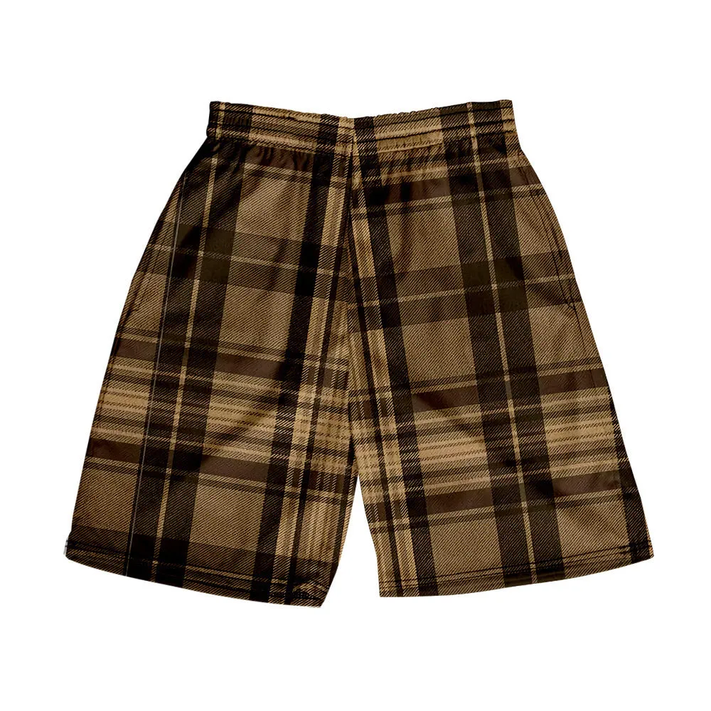 Men's straight-leg plaid shorts in polyester fabric with elastic waistband available in multiple solid colours
