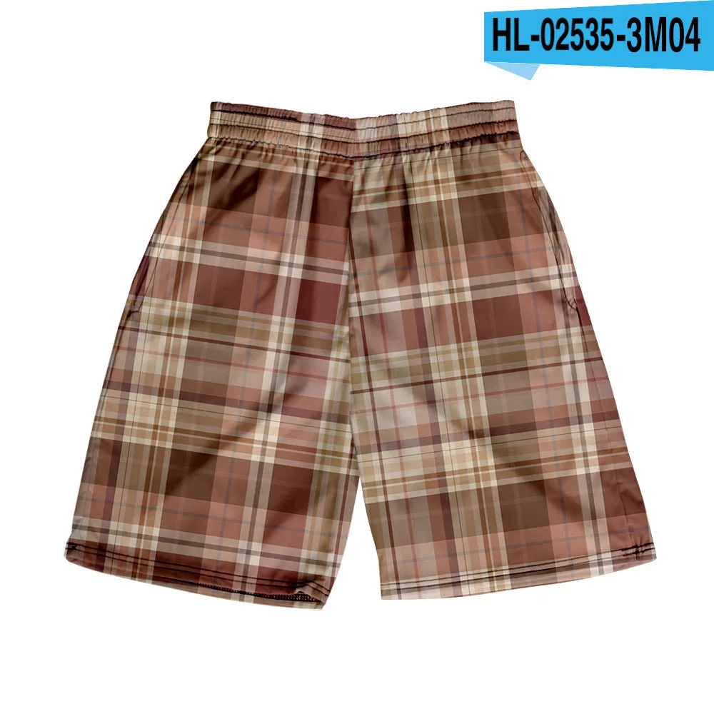 Men's straight-leg plaid shorts in polyester fabric with elastic waistband available in multiple solid colours