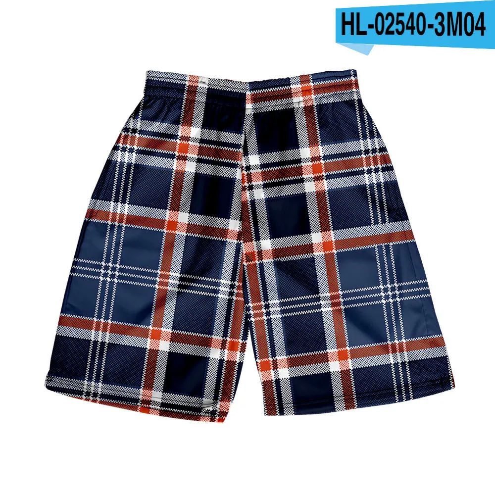 Men's straight-leg plaid shorts in polyester fabric with elastic waistband available in multiple solid colours