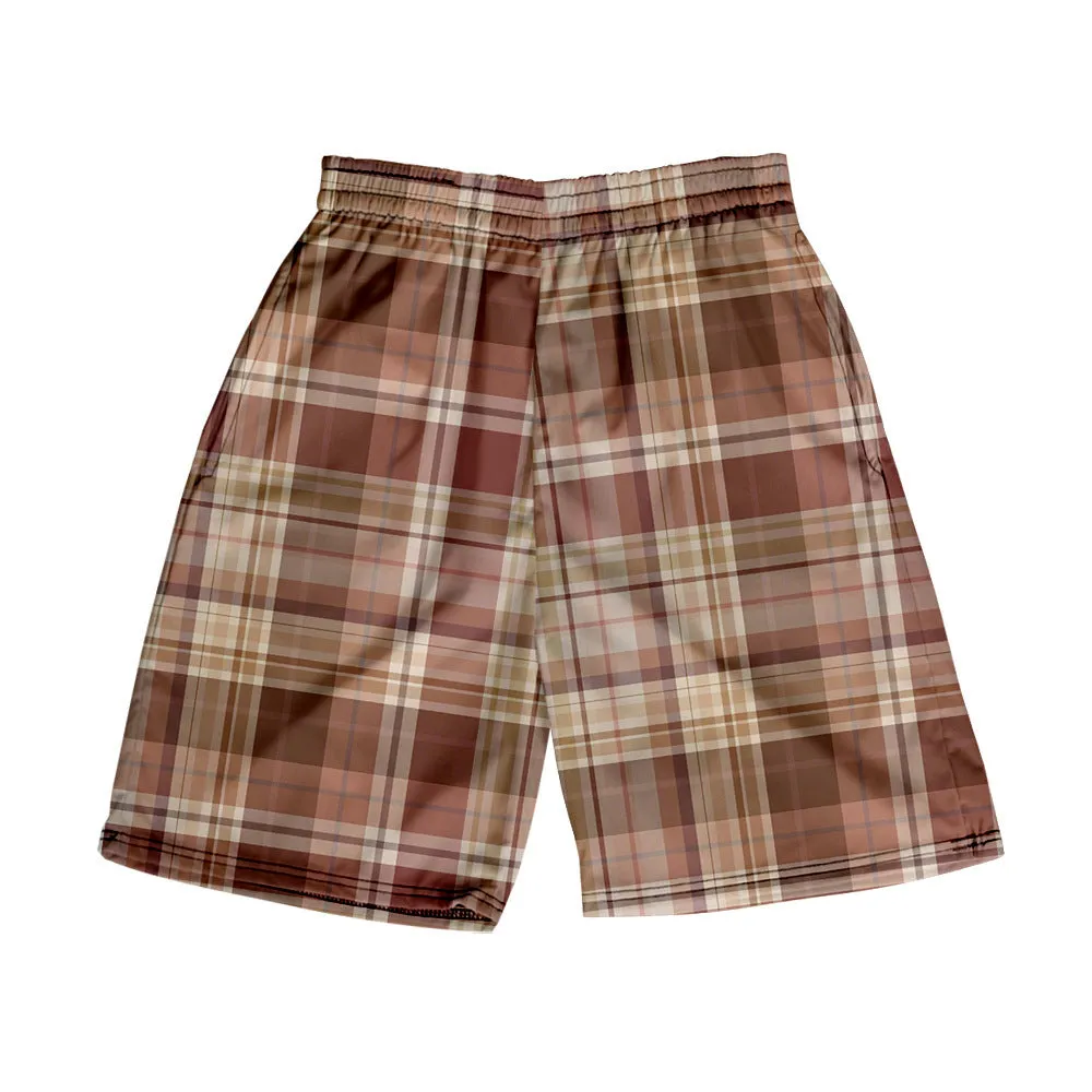 Men's straight-leg plaid shorts in polyester fabric with elastic waistband available in multiple solid colours