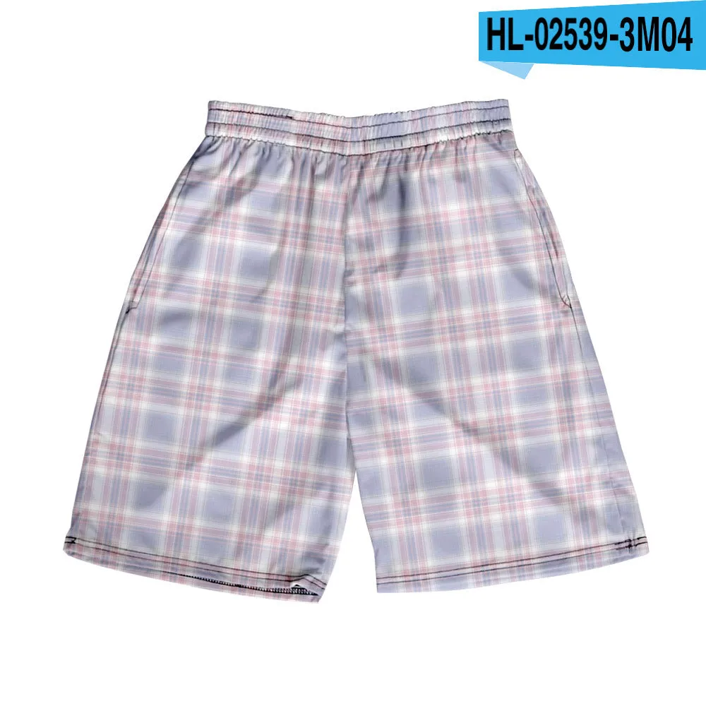 Men's straight-leg plaid shorts in polyester fabric with elastic waistband available in multiple solid colours