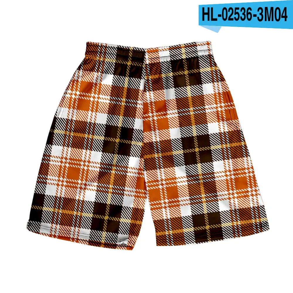 Men's straight-leg plaid shorts in polyester fabric with elastic waistband available in multiple solid colours