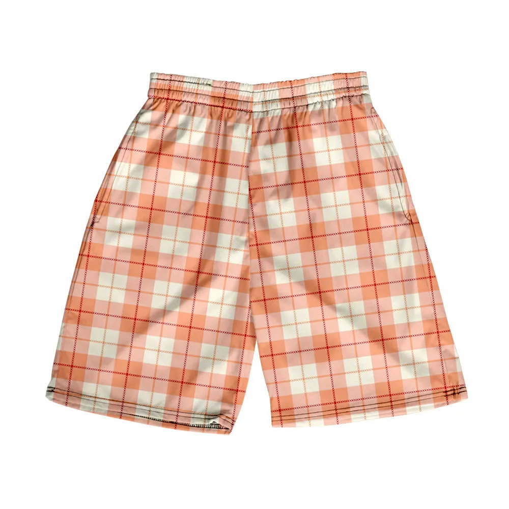 Men's straight-leg plaid shorts in polyester fabric with elastic waistband available in multiple solid colours