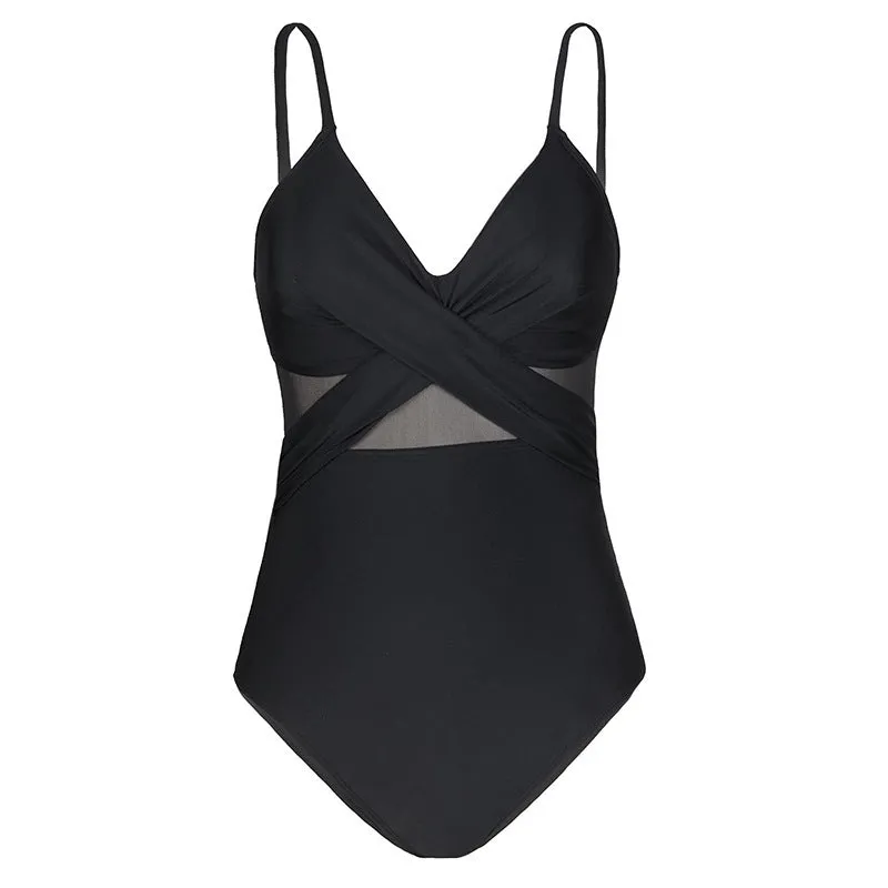 Women's nylon Siamese triangle bikini in black with high elasticity backless design quick-drying swimwear