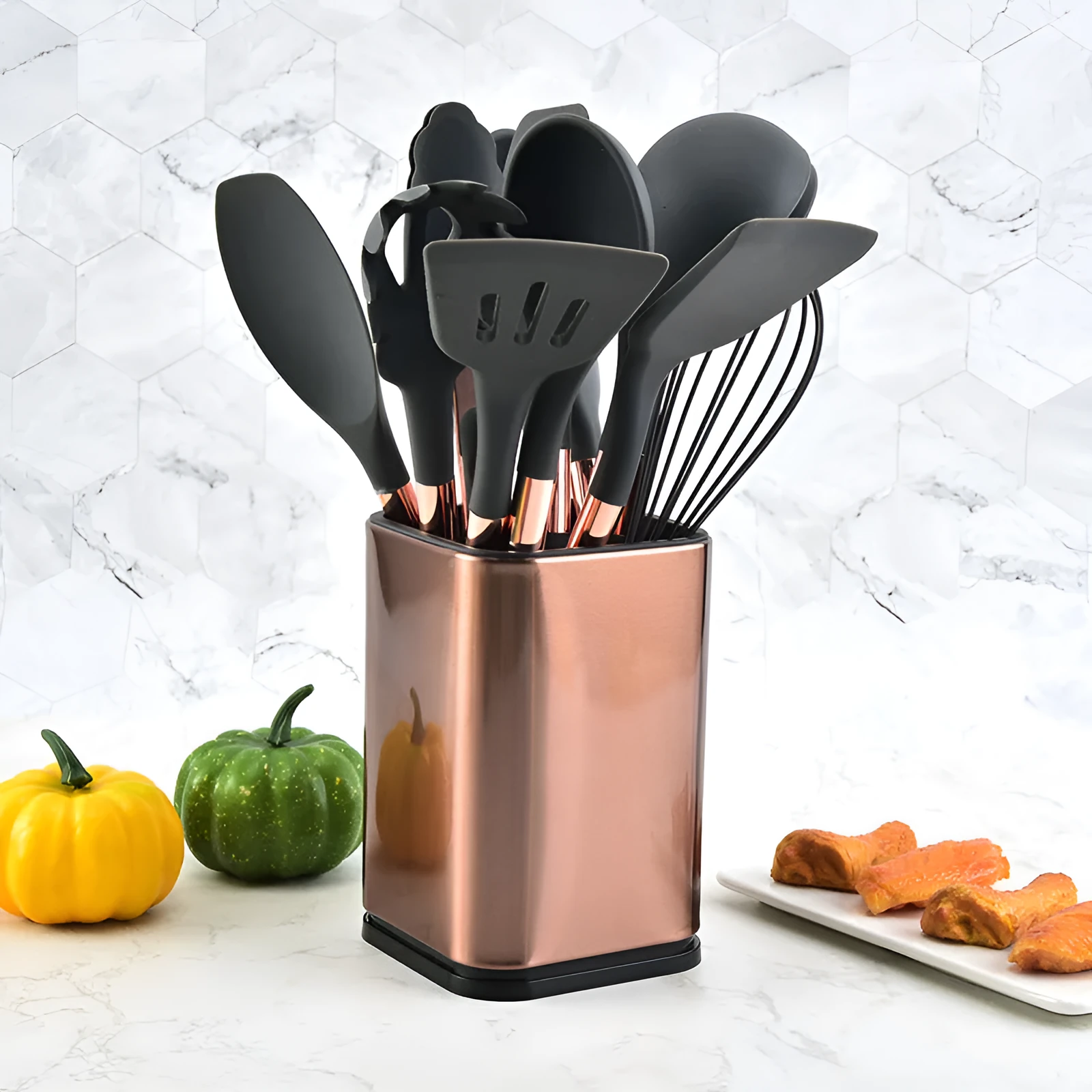 13-piece dark grey silicone kitchenware set with storage bucket, stainless steel handles, arranged upright