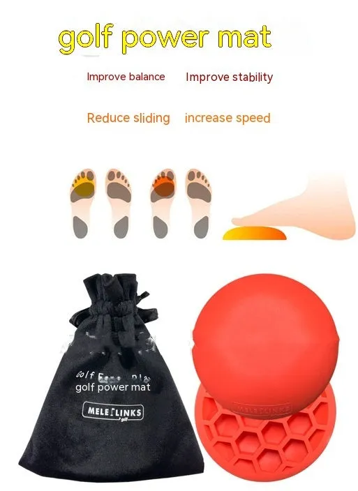 Orange golf centre of gravity training mat on practice surface