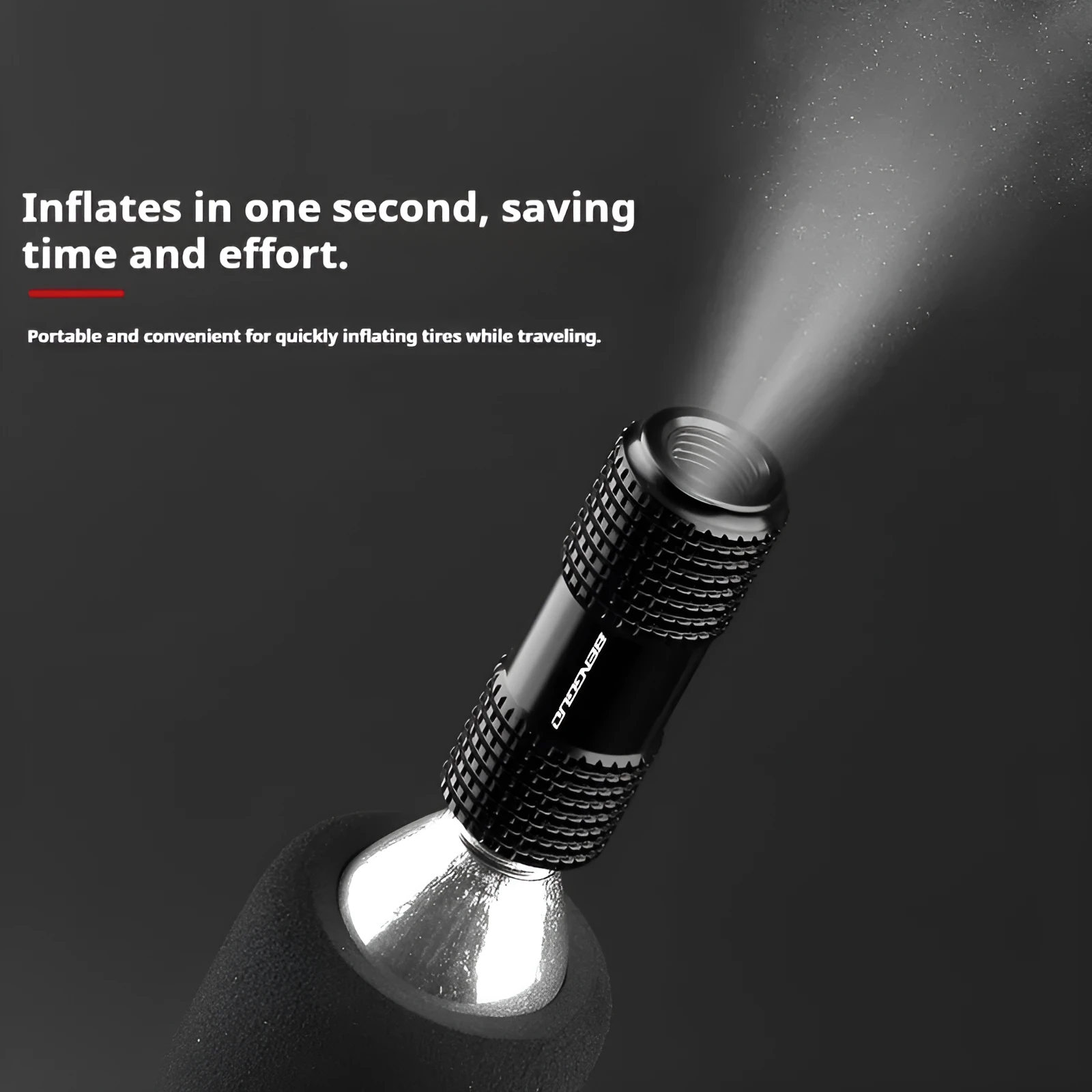 Portable air nozzle for bicycle inflation in black aluminium alloy, with fast charging pump attachment