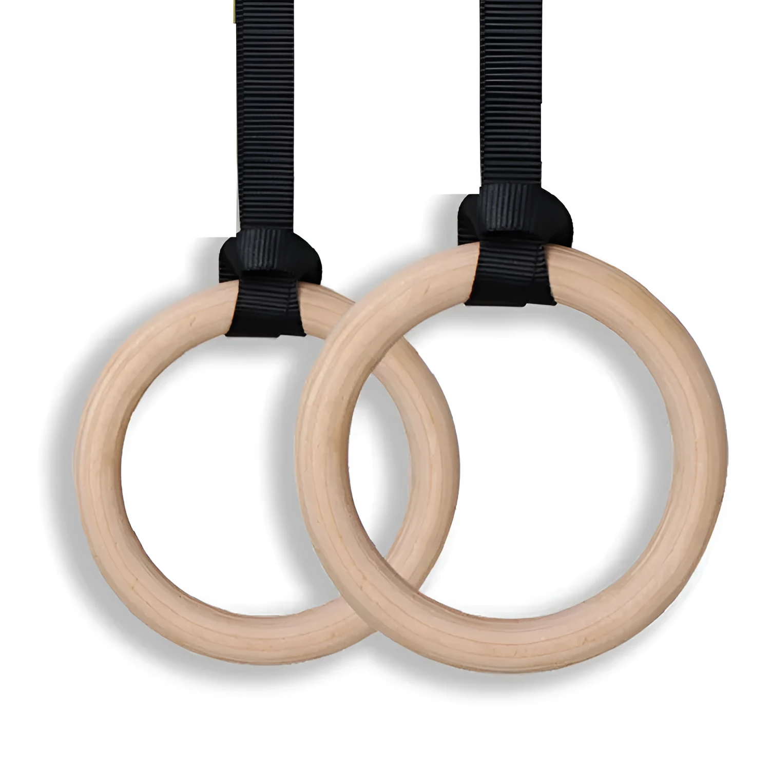 Fitness wooden ring suspension training belt set with birch rings and polyester webbing in wood colour