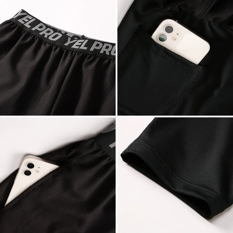 Men's grey quick-drying high elastic tight pants for running and fitness training.