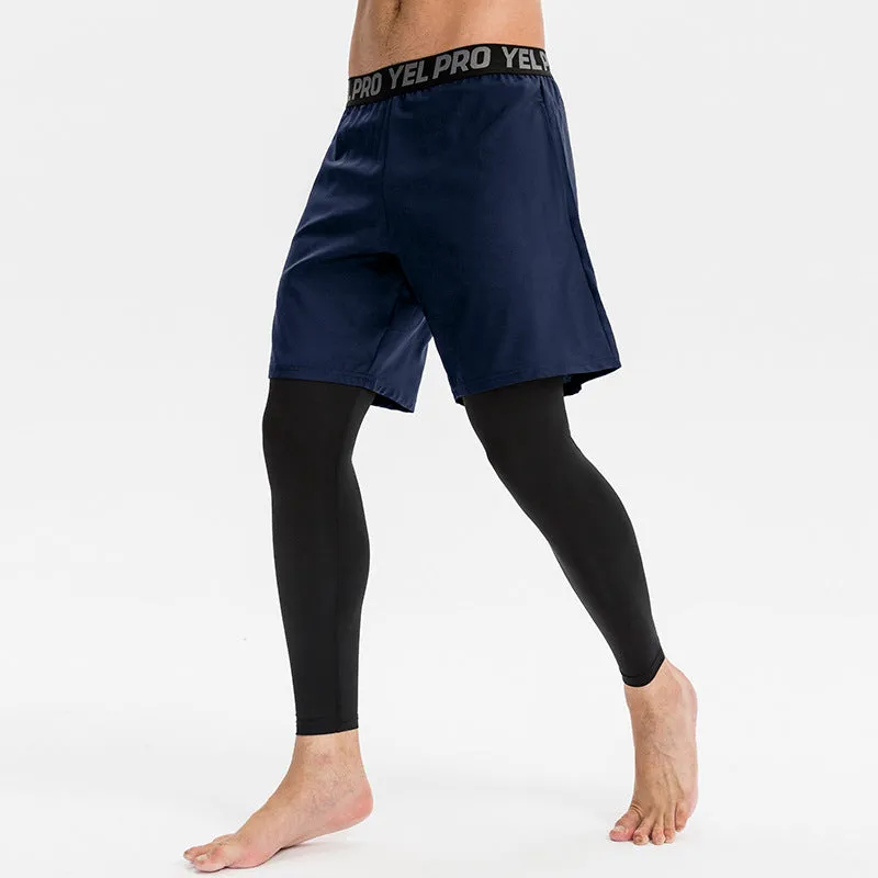 Men's grey quick-drying high elastic tight pants for running and fitness training.