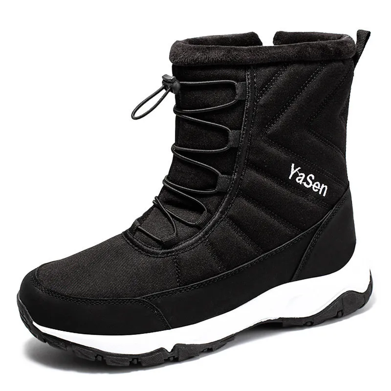 Men's waterproof snow boots with fleece lining, canvas upper, side zipper, and mid heel in multiple winter colours