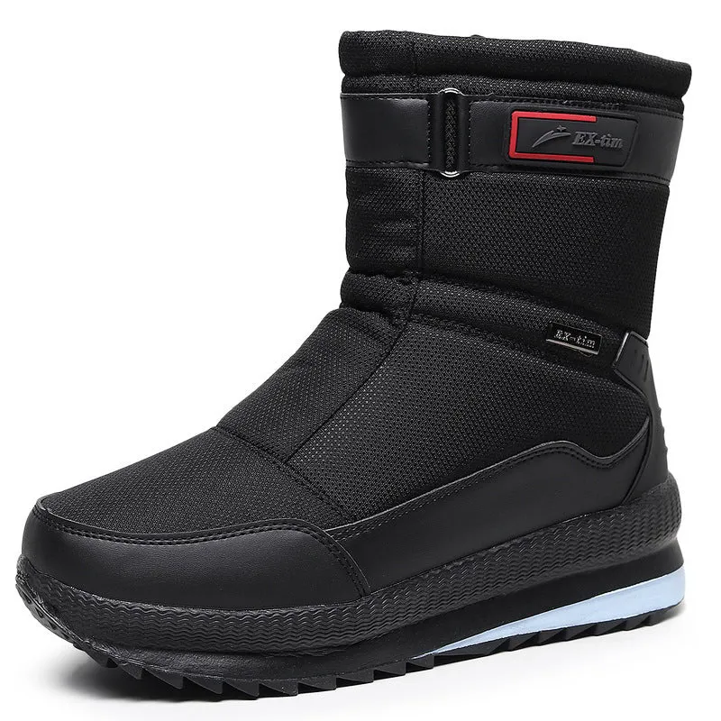 Men's waterproof snow boots with fleece lining, canvas upper, side zipper, and mid heel in multiple winter colours