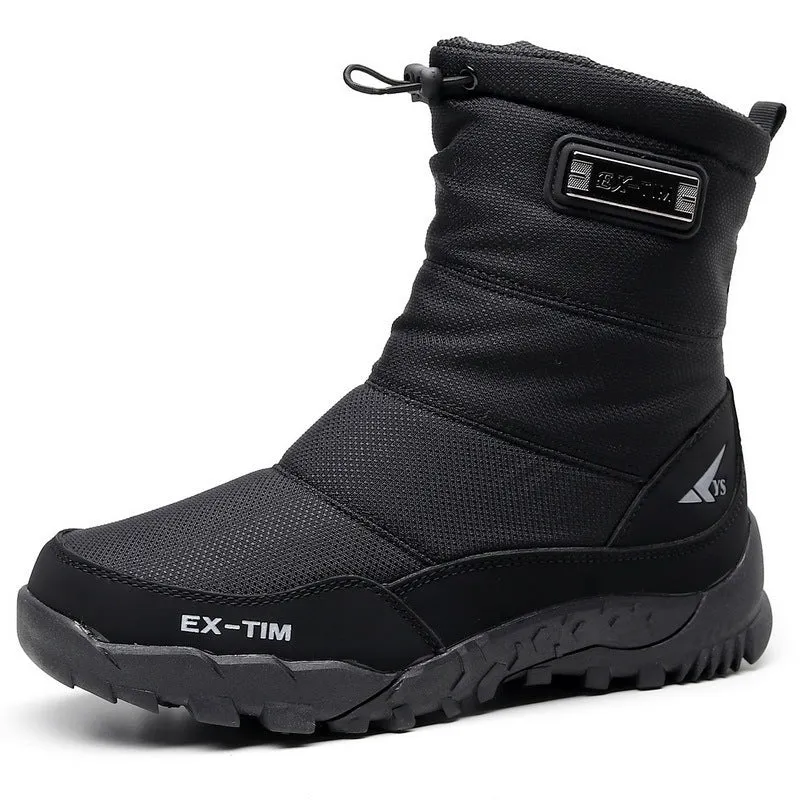 Men's waterproof snow boots with fleece lining, canvas upper, side zipper, and mid heel in multiple winter colours