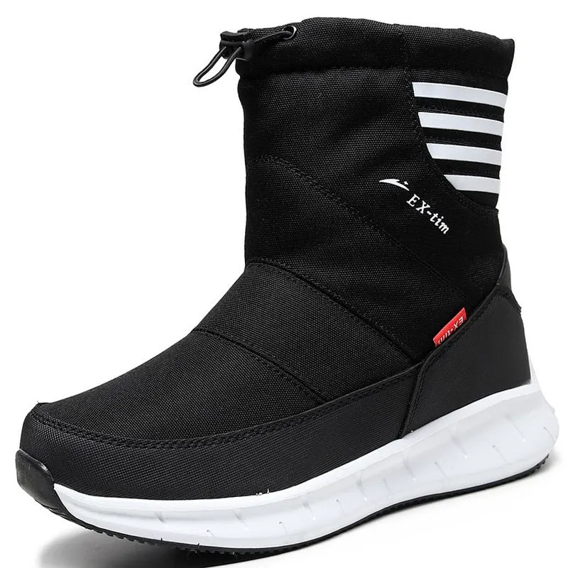 Men's waterproof snow boots with fleece lining, canvas upper, side zipper, and mid heel in multiple winter colours