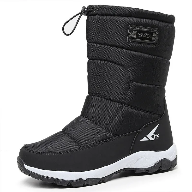 Men's waterproof snow boots with fleece lining, canvas upper, side zipper, and mid heel in multiple winter colours