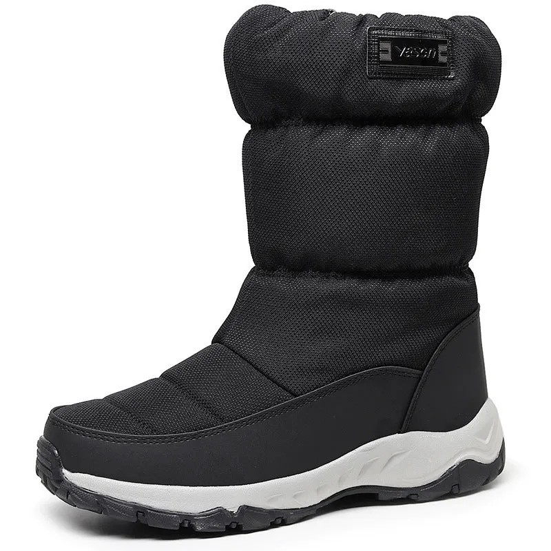 Men's waterproof snow boots with fleece lining, canvas upper, side zipper, and mid heel in multiple winter colours