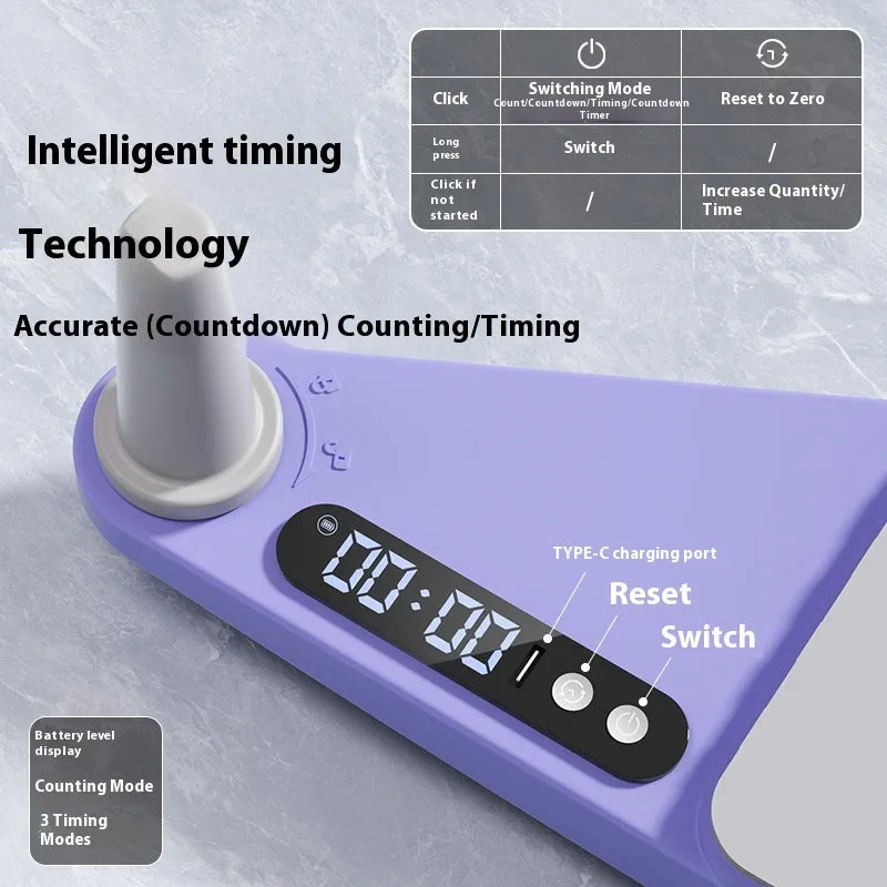 Split multifunctional skiing machine trainer in purple charging counting model on neutral background, 85cm length, compact home fitness equipment
