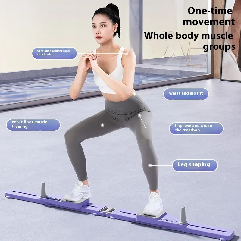 Split multifunctional skiing machine trainer in purple charging counting model on neutral background, 85cm length, compact home fitness equipment