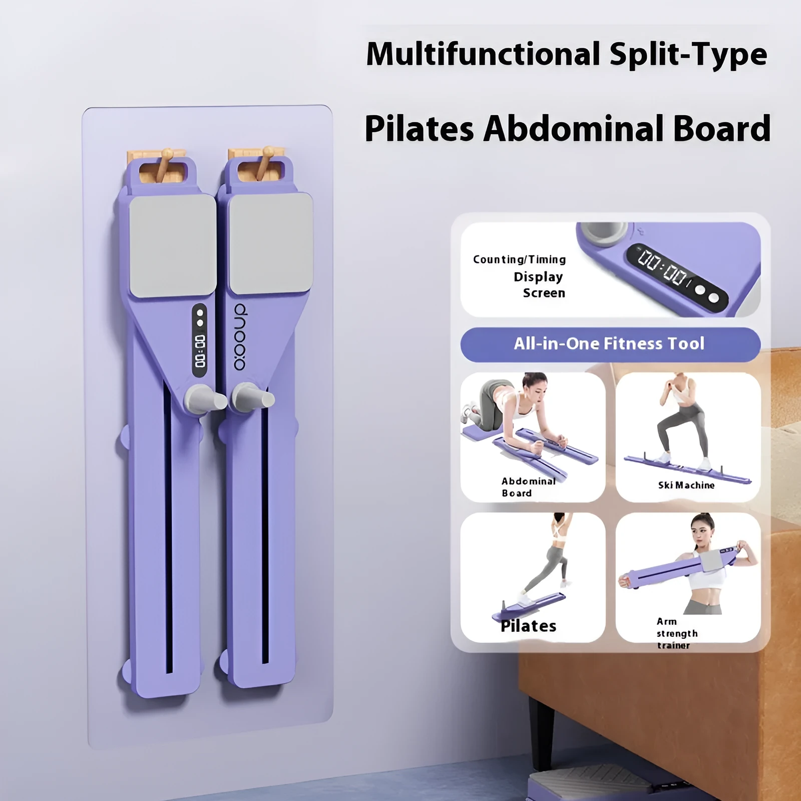 Split multifunctional skiing machine trainer in purple charging counting model on neutral background, 85cm length, compact home fitness equipment