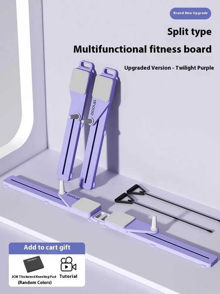 Split multifunctional skiing machine trainer in purple charging counting model on neutral background, 85cm length, compact home fitness equipment