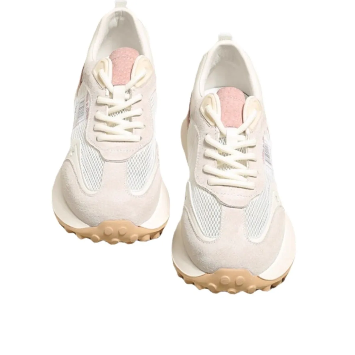 Women's grey and pink retro sneaker with low top design and round toe