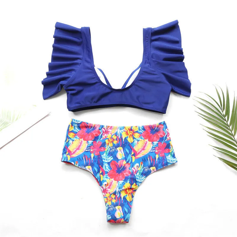 Women's polyester two-piece swimsuit in blue red and yellow colours available in sizes S to XL