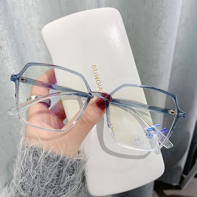 Women's fashion flat glasses with transparent plate frame and AC lenses on a white background